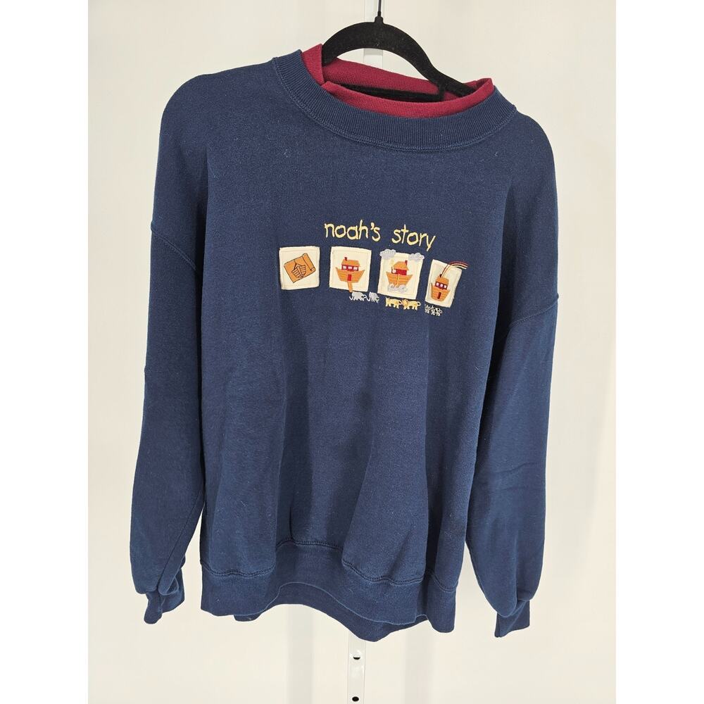 Vintage 1990s Womens Sz XL Crew Neck Sweater Noahs Ark Bible Story Embroidered